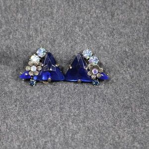 vintage costume jewelry selro blue rhinestone clip on  earrings